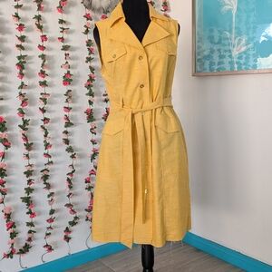 Sharagano Yellow Sleeveless Belted Midi Dress